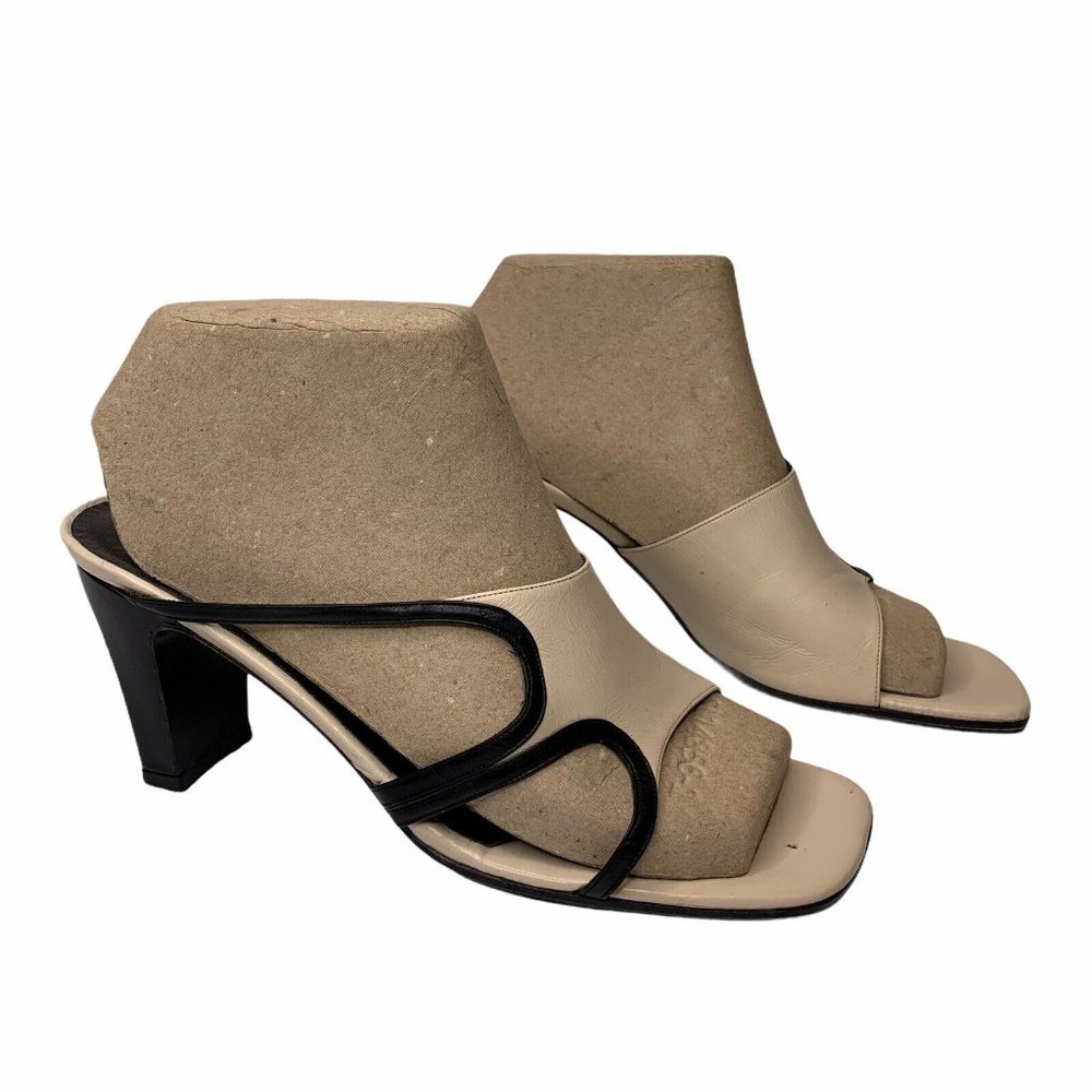 Mezlan Leather Ivory Black Trim Cutout Heels